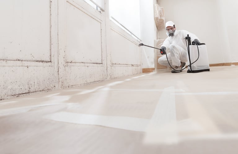 Mold remediation service: A professional worker spraying products to remove mold before house painting, clad in a protective suit and respirator mask