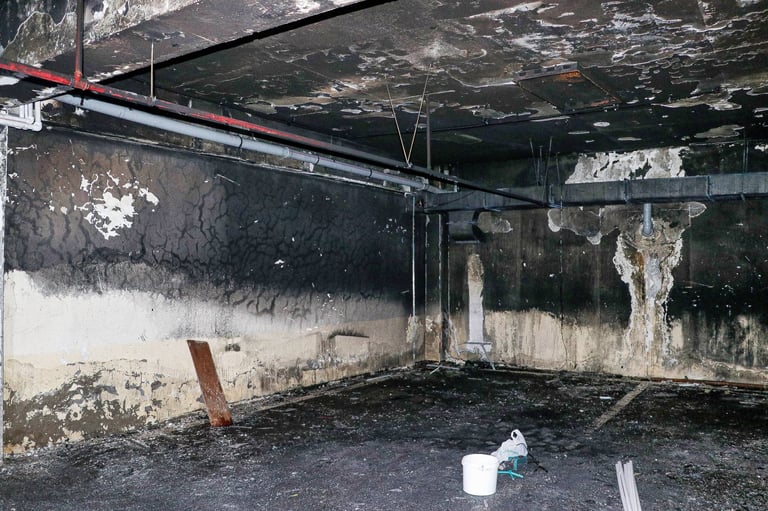 A basement with soot and water damage from a fire. The walls and ceiling are blackened and stained.