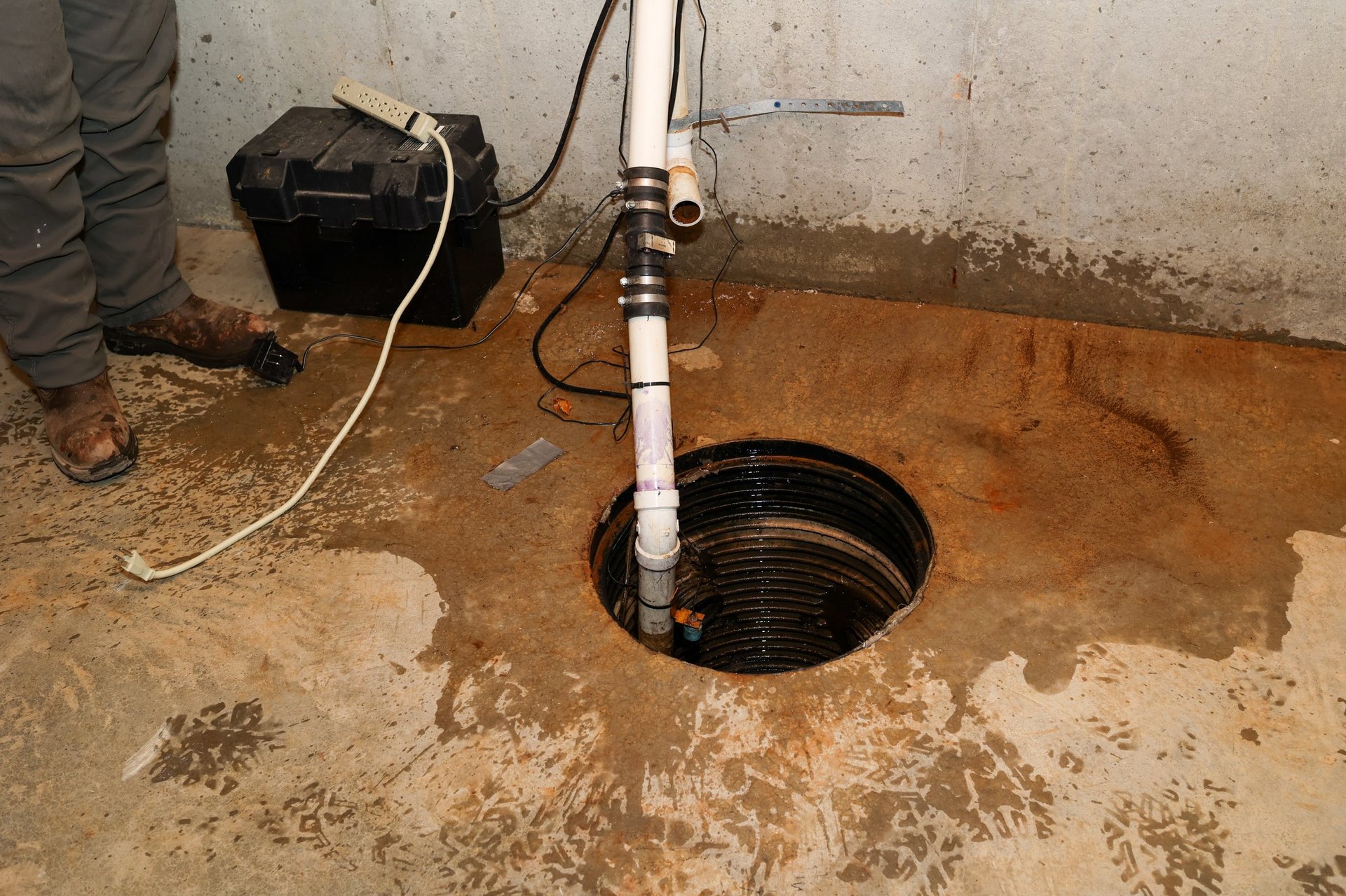 A plumber repairing a sump pump in a flooded basement in a residential home