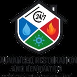 24/7 Disaster Restoration logo featuring a shield with water, fire, and gear icons for emergency services