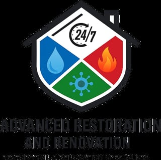 24/7 Disaster Restoration logo featuring a shield with water, fire, and gear icons for emergency services