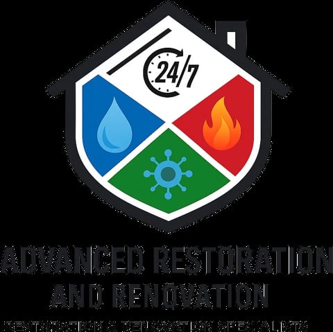 24/7 Disaster Restoration logo featuring a shield with water, fire, and gear icons for emergency services